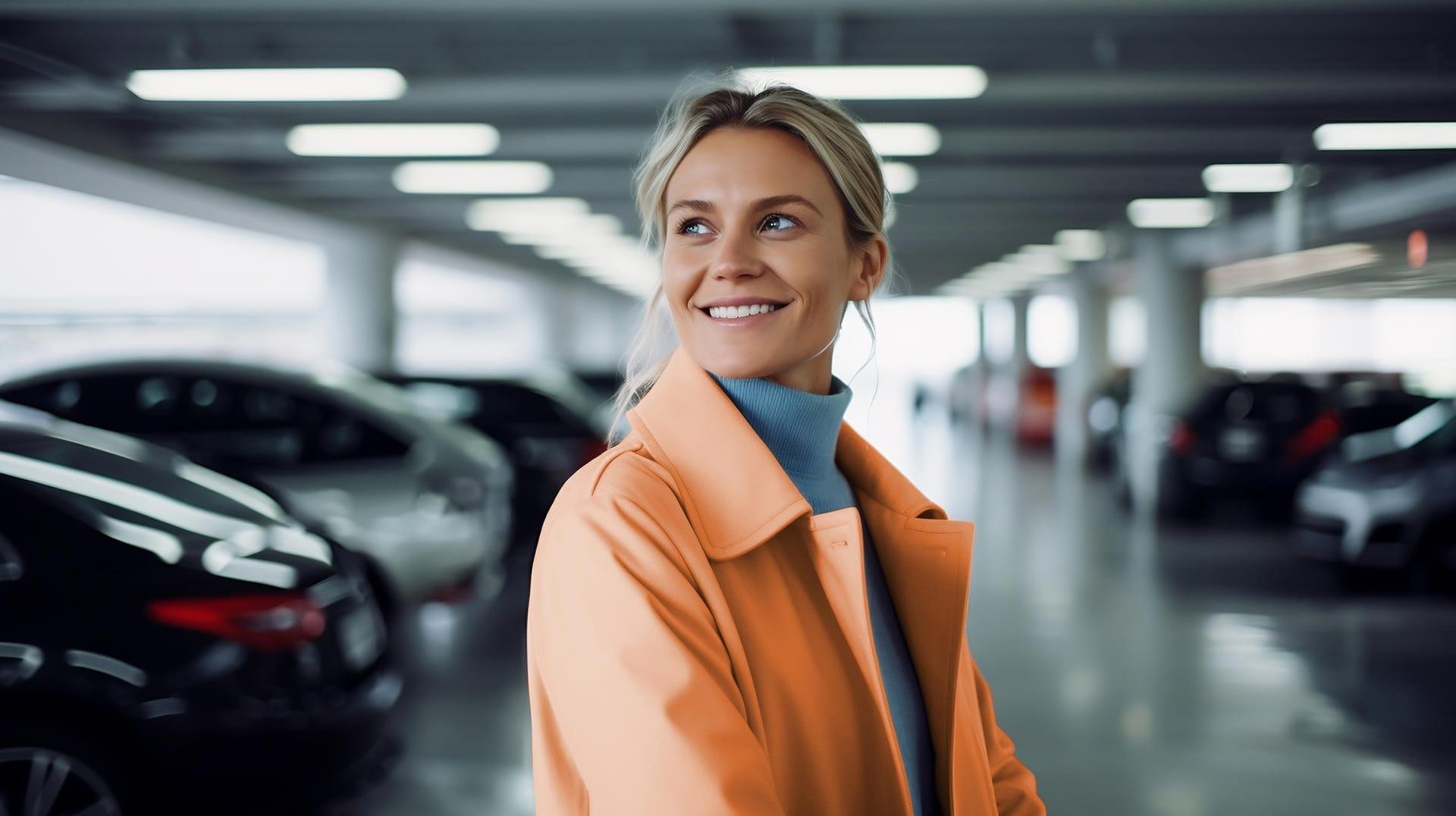 Woman in parking garage (AI Generated)